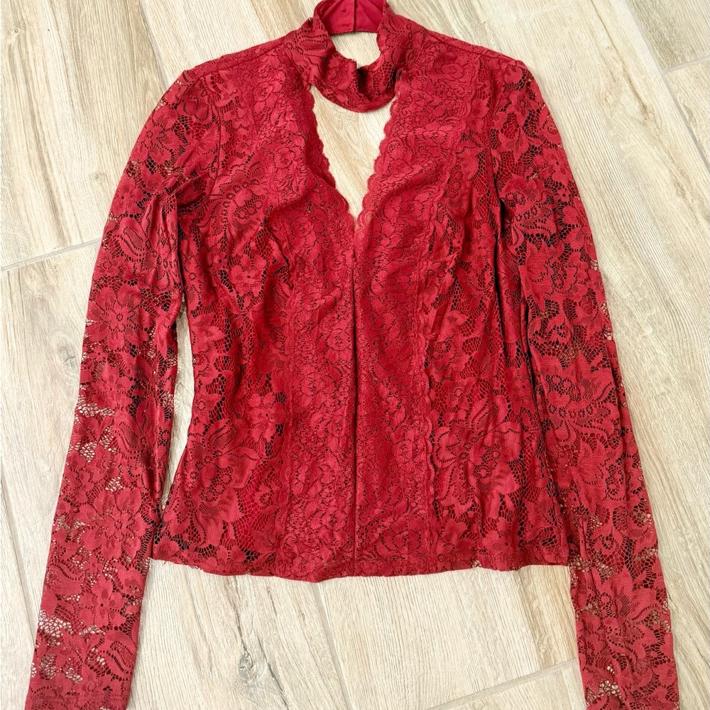 Bebe Red Lace Mandarin Collar Fitted Blouse